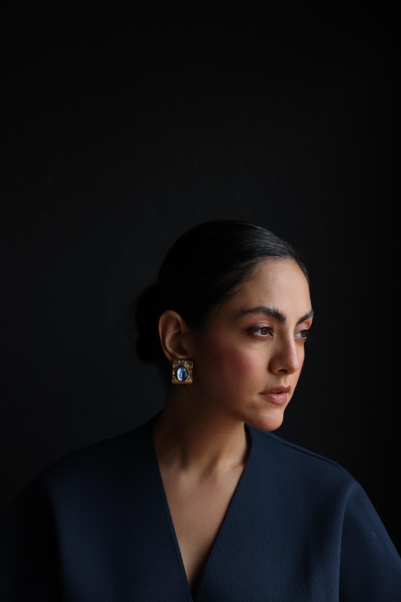 Gold Sculpted Clip-On Earrings with Blue Cabochons|Vintage Baazaar 