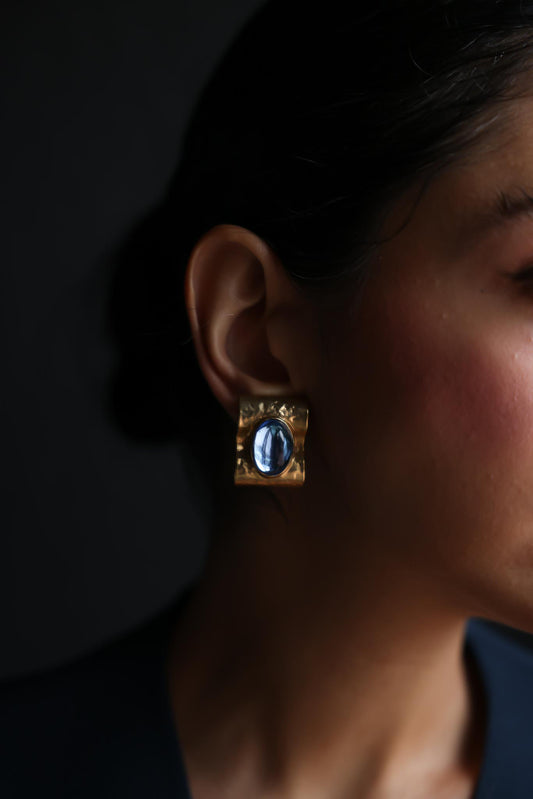 Gold Sculpted Clip-On Earrings with Blue Cabochons|Vintage Baazaar 