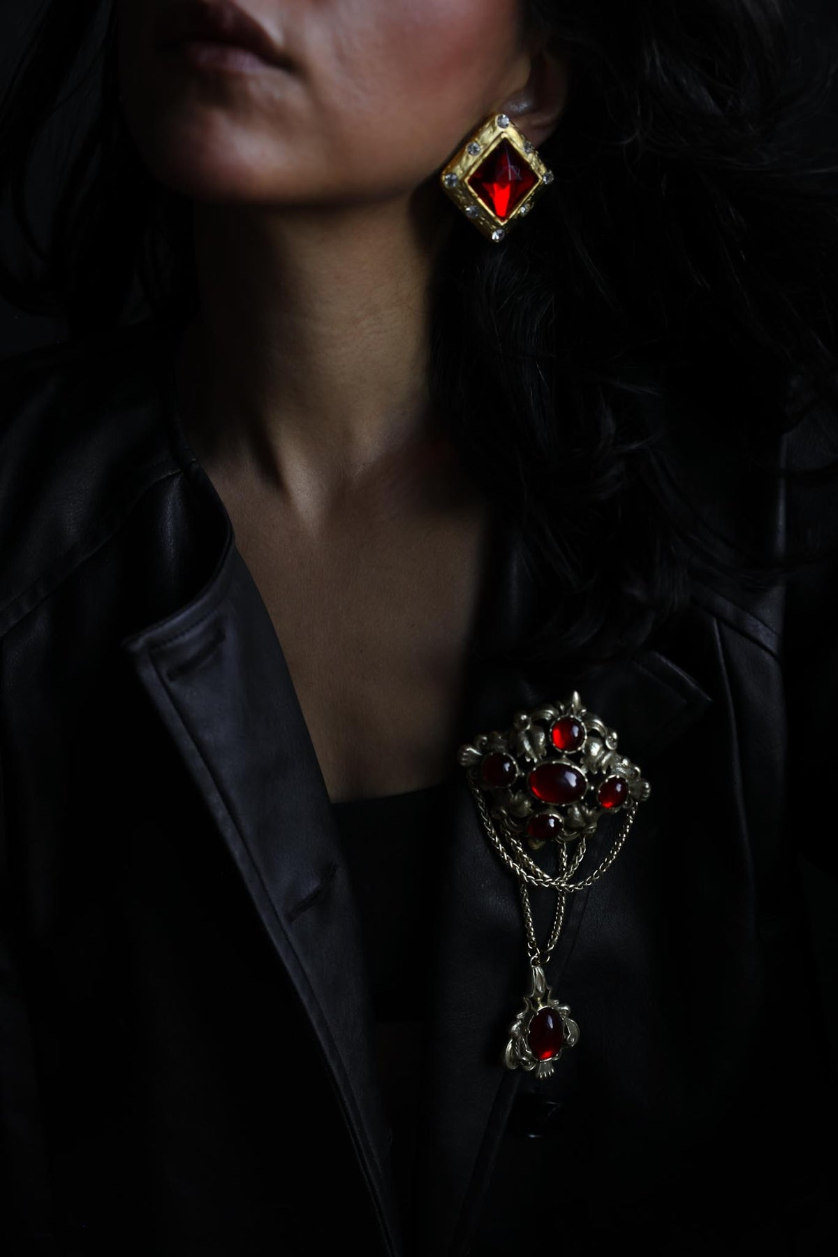 Trifari Gold Tone Red Cabochon Ornate Dangle Brooch|Vintage Baazaar 