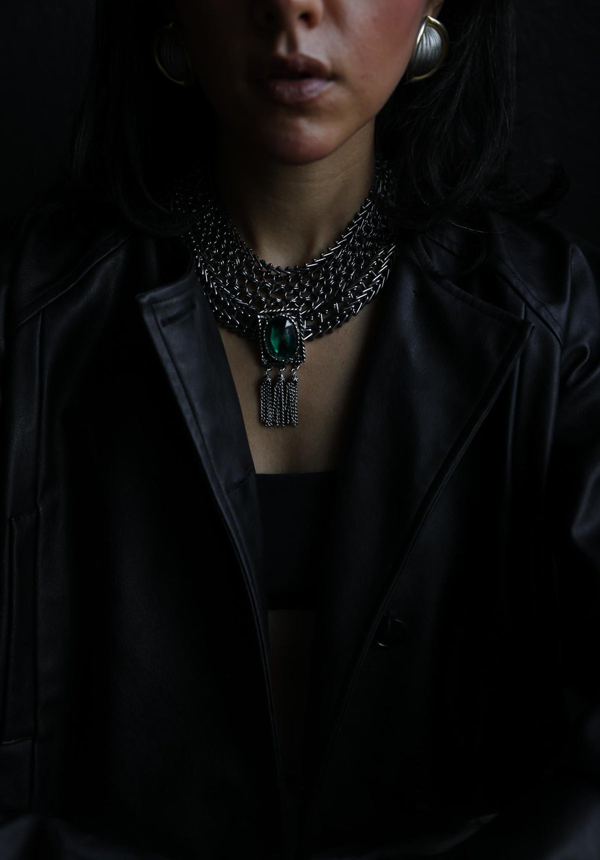 Silvertone Green Oval Tassel Pendant / Brooch Necklace