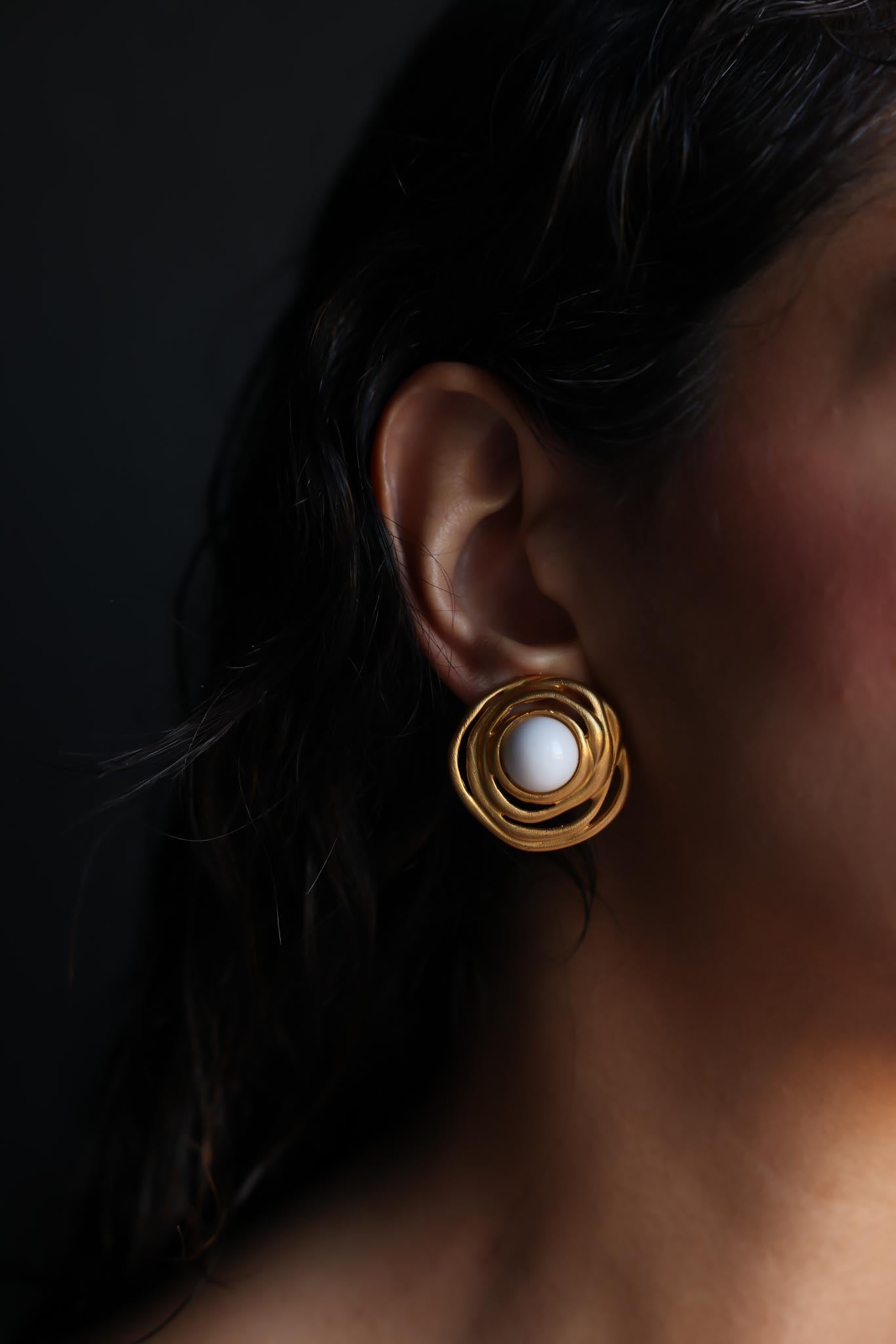 Gold Spiral Clip-On Earrings with White Center|Vintage Baazaar 
