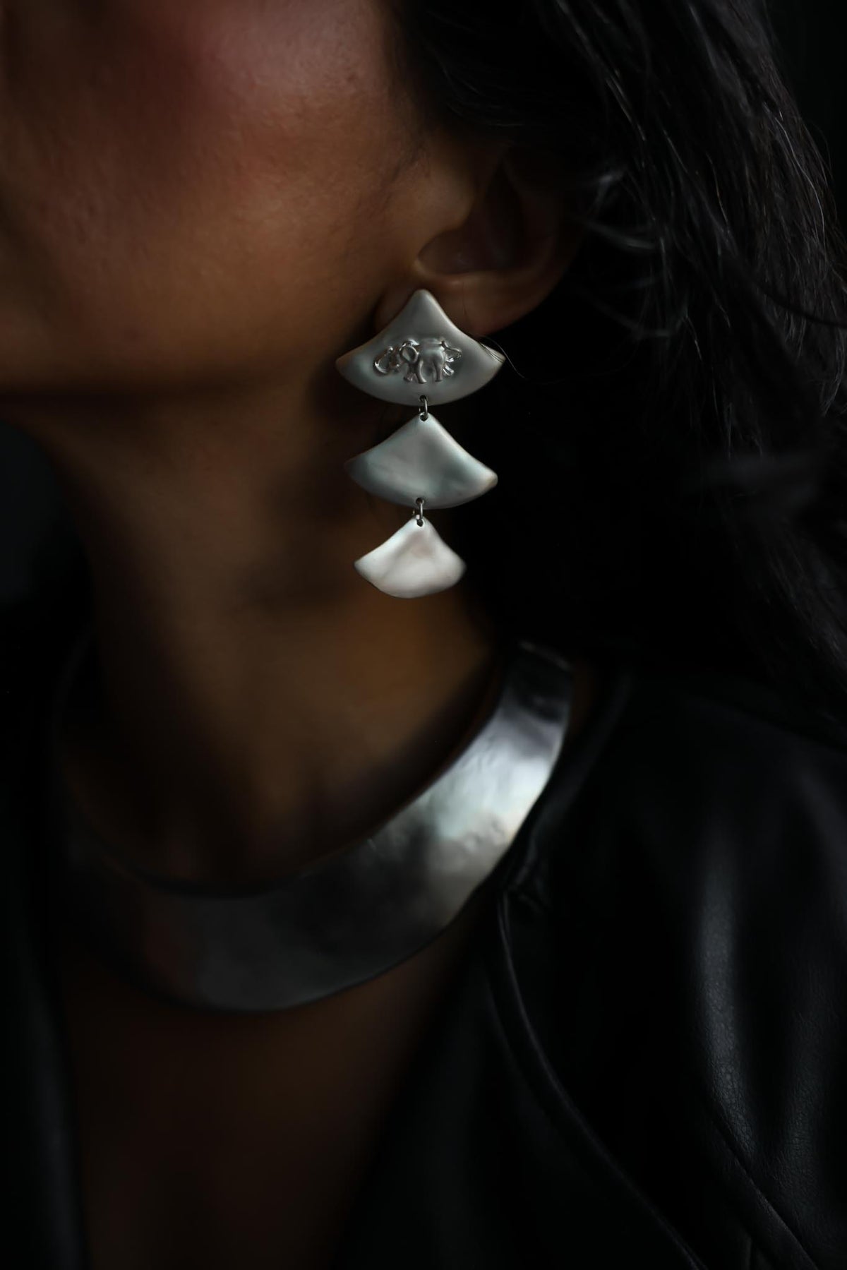 Matte Silver Elephant Fan-Shaped Triple Drop Clip-Ons