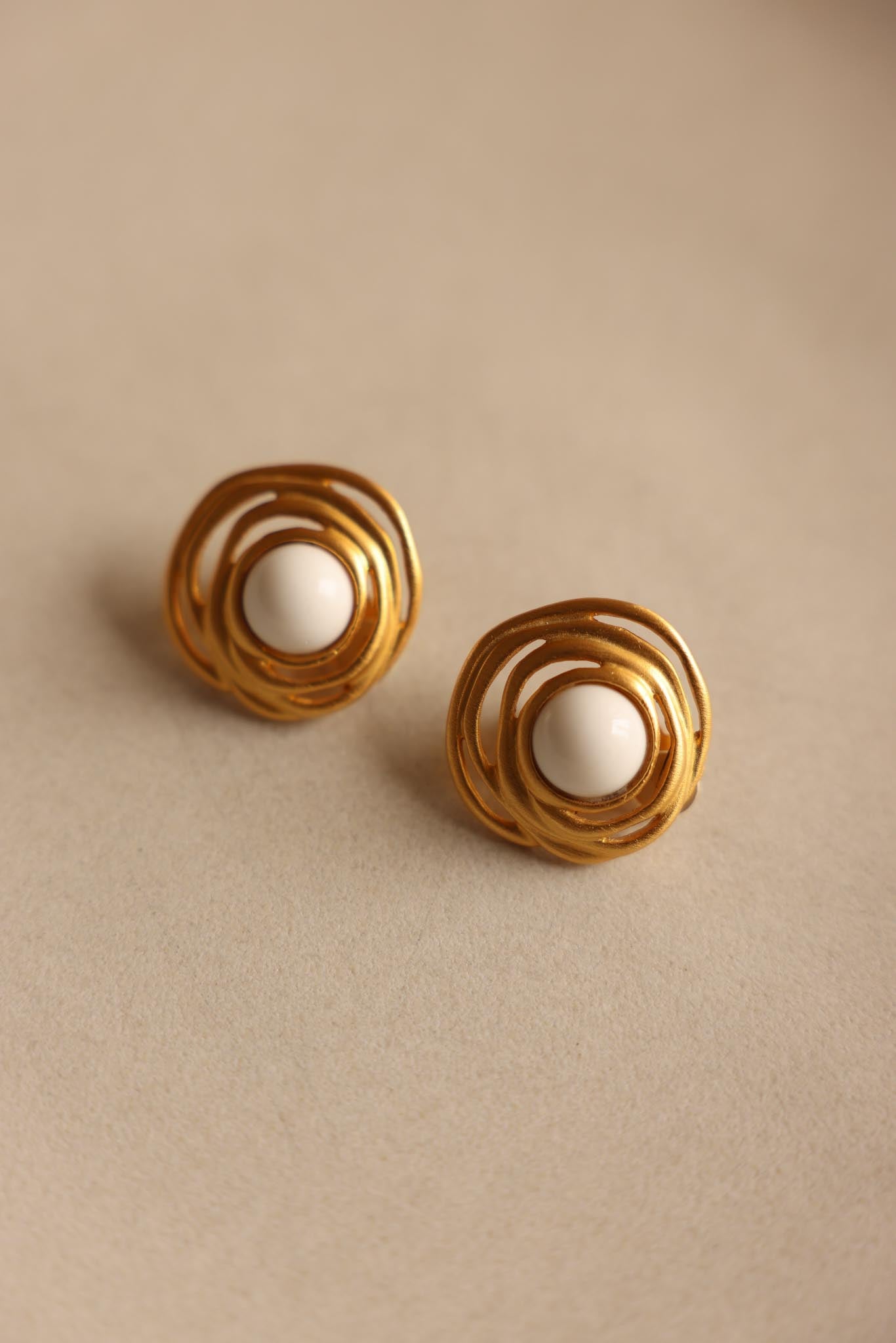 Gold Spiral Clip-On Earrings with White Center|Vintage Baazaar 