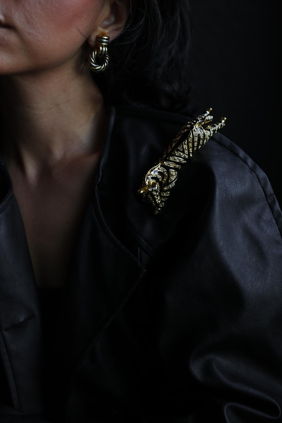 Oversized Gold Tone Black Enamel Rhinestone Tiger Brooch