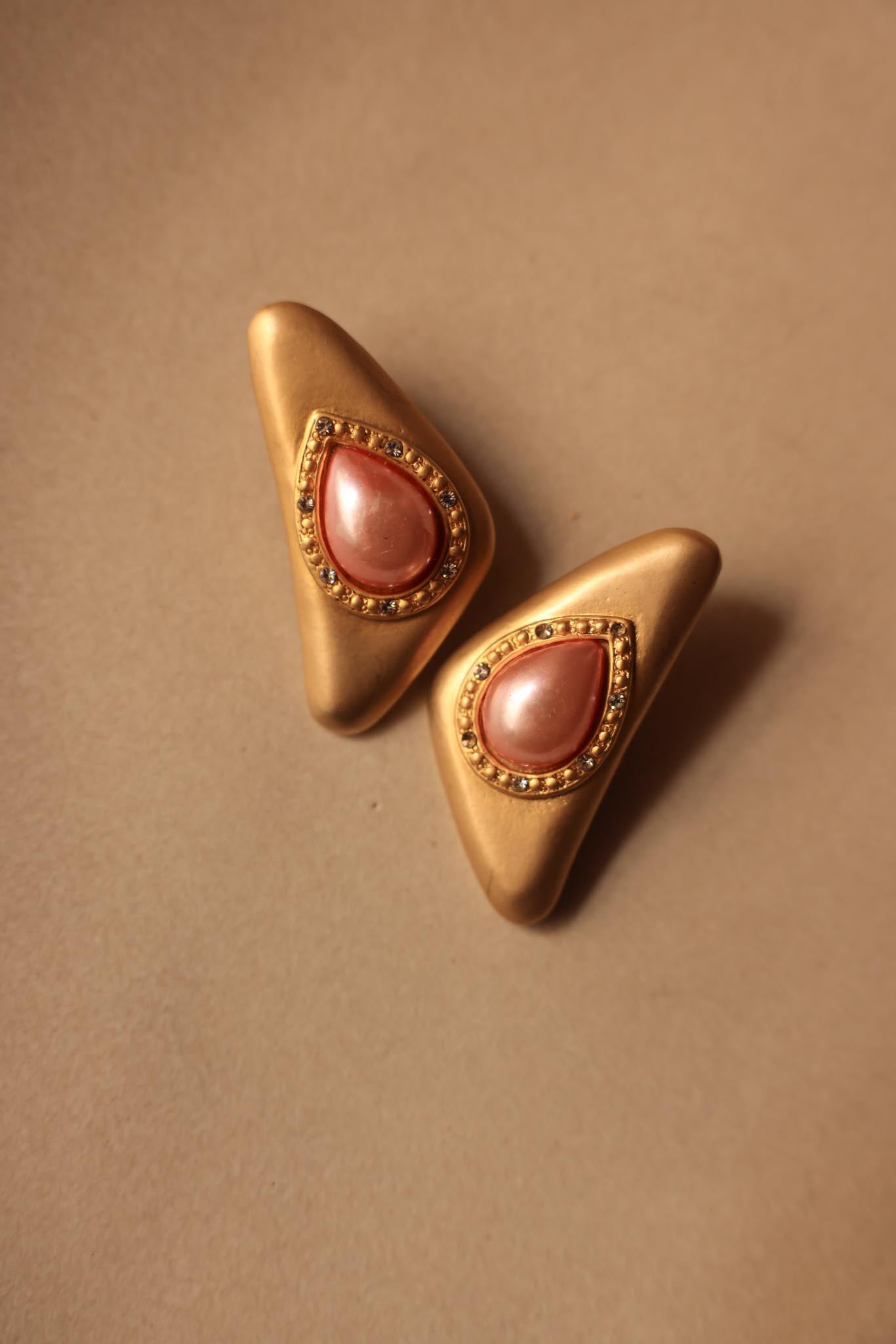 Two Sisters Matte Gold Clip-On Earrings with Pink Teardrop Center|Vintage Baazaar 