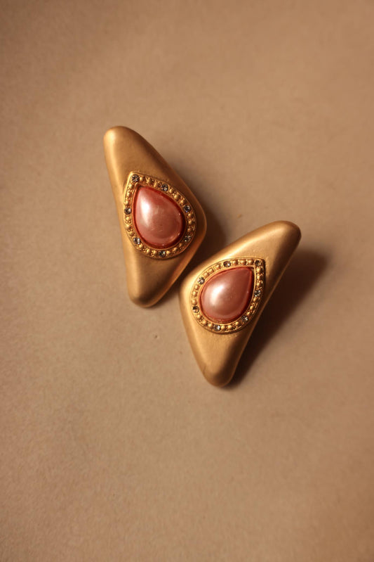 Two Sisters Matte Gold Clip-On Earrings with Pink Teardrop Center|Vintage Baazaar 