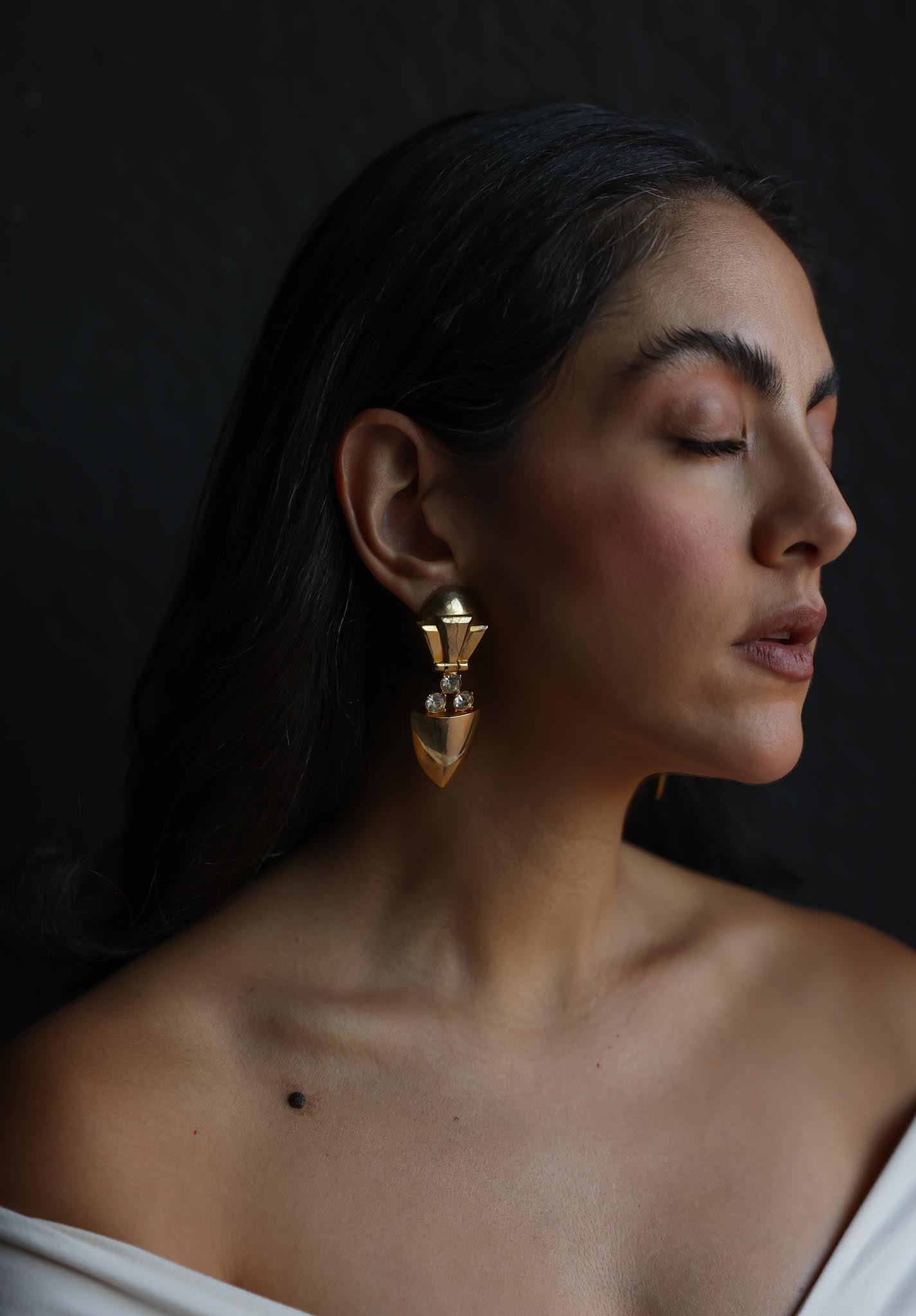 Gold-Tone Geometric Clip-On Earrings with Clear Rhinestones