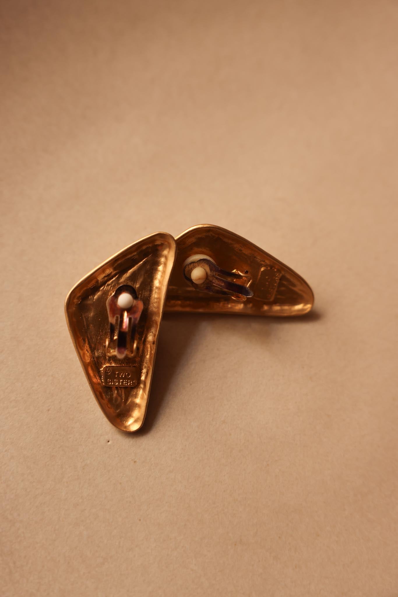 Two Sisters Matte Gold Clip-On Earrings with Pink Teardrop Center|Vintage Baazaar 