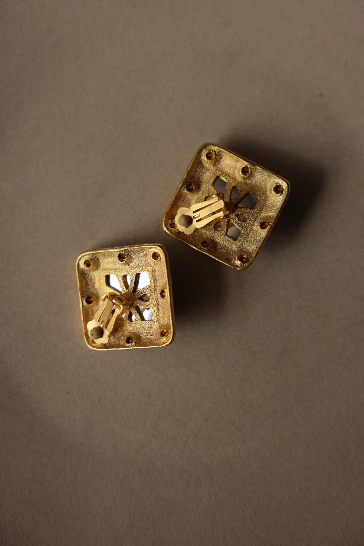 Matte Gold Square Red & Clear Rhinestone Statement Clip-Ons