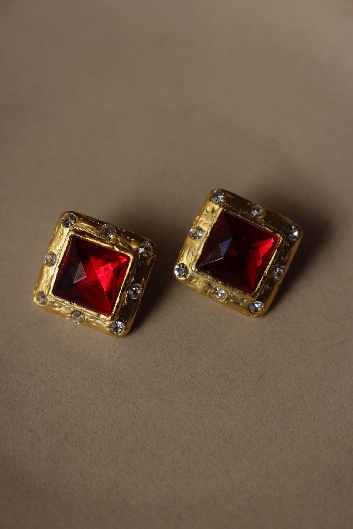 Matte Gold Square Red & Clear Rhinestone Statement Clip-Ons