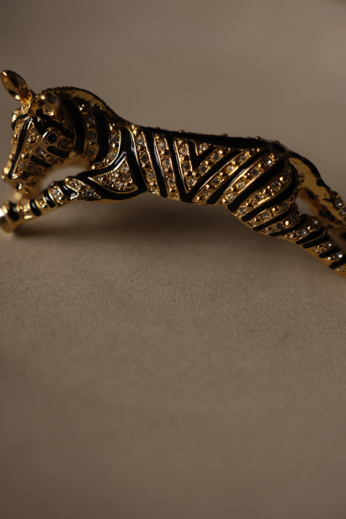 Oversized Gold Tone Black Enamel Rhinestone Tiger Brooch