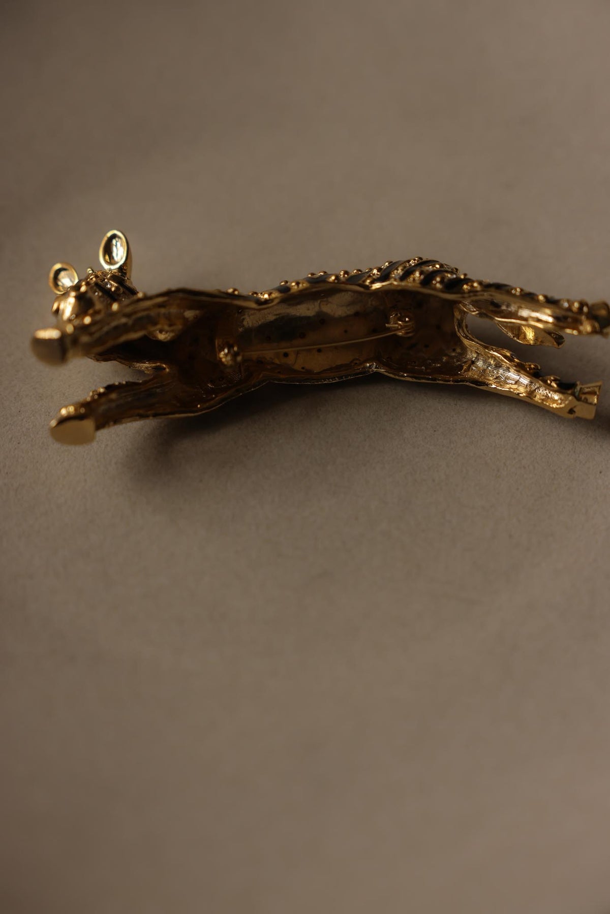 Oversized Gold Tone Black Enamel Rhinestone Tiger Brooch