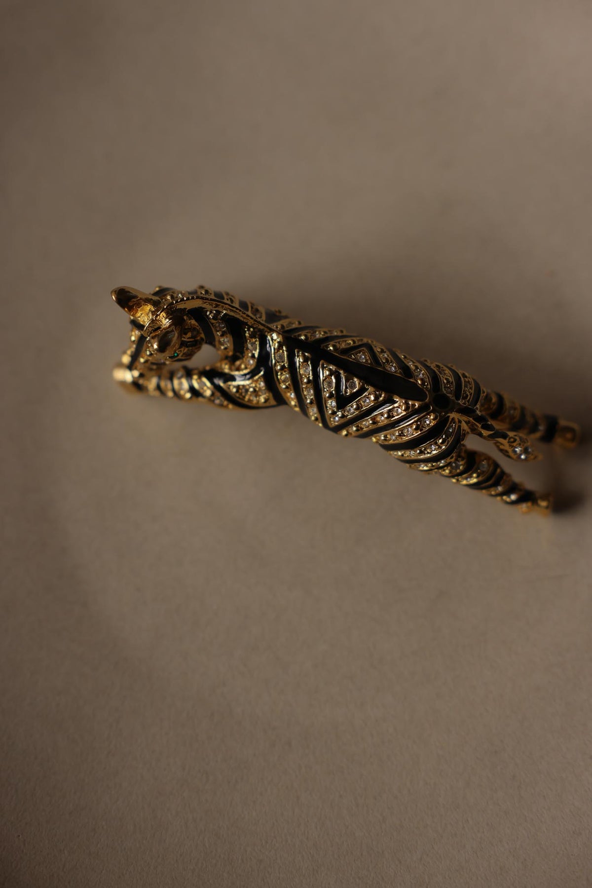 Oversized Gold Tone Black Enamel Rhinestone Tiger Brooch