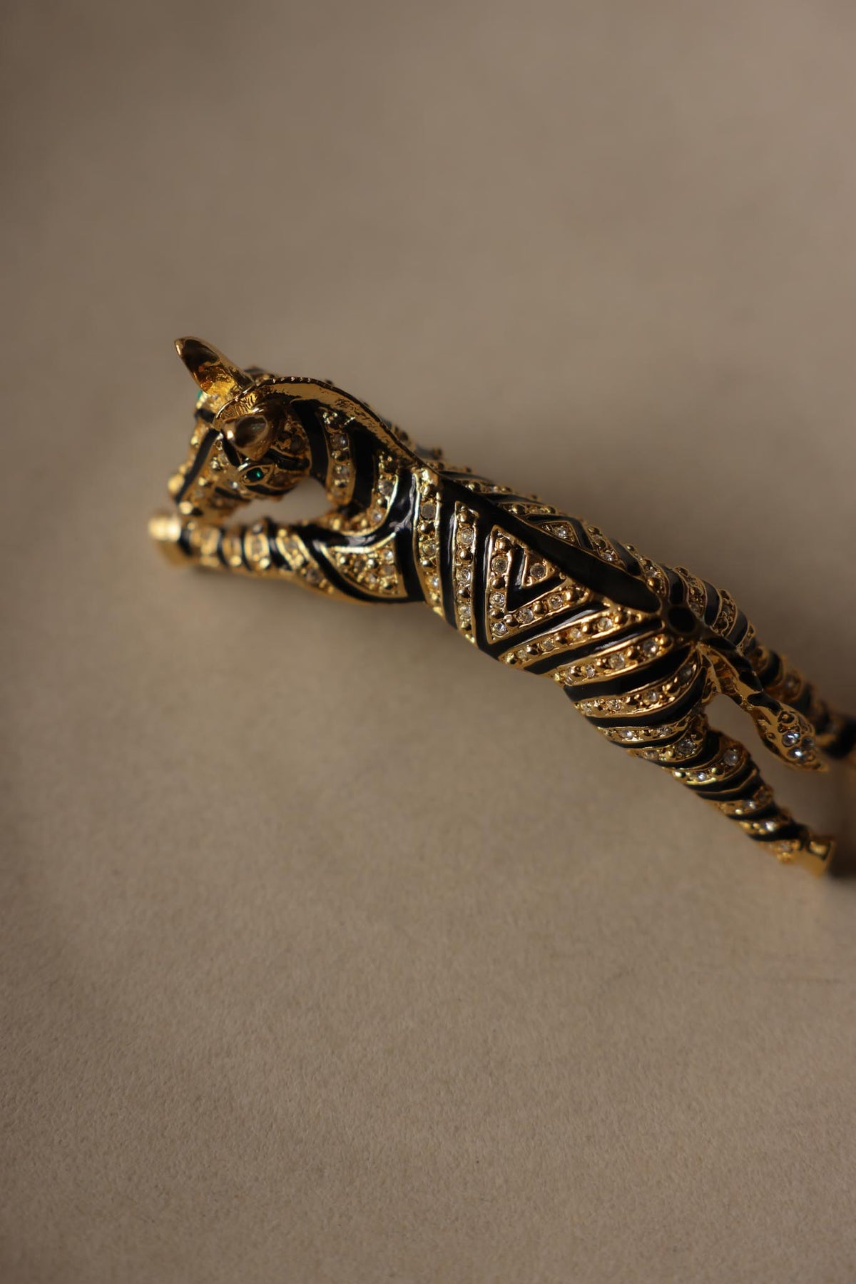Oversized Gold Tone Black Enamel Rhinestone Tiger Brooch