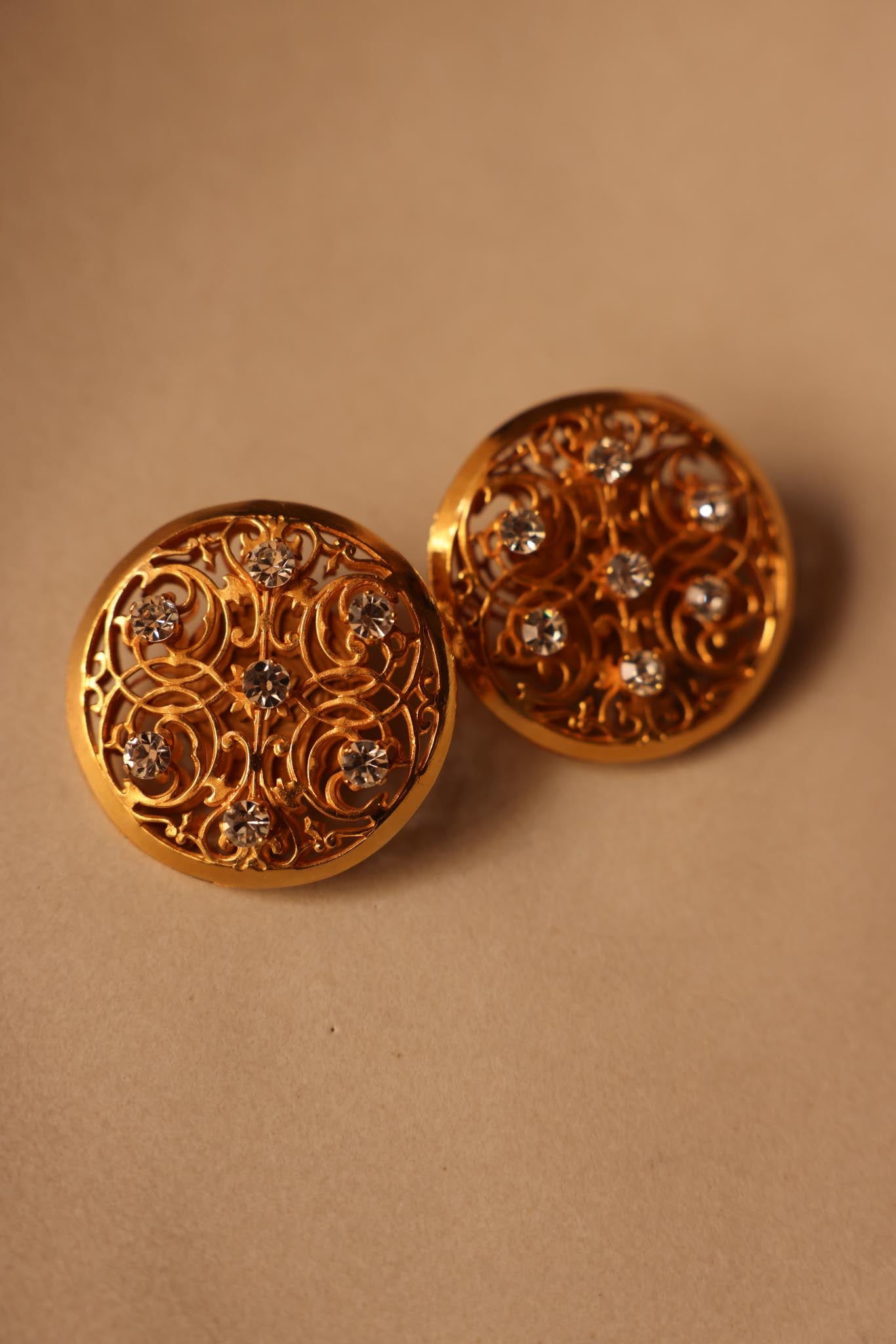 Dominique Aurientis Gold Filigree Clip-On Earrings with Rhinestones|Vintage Baazaar 