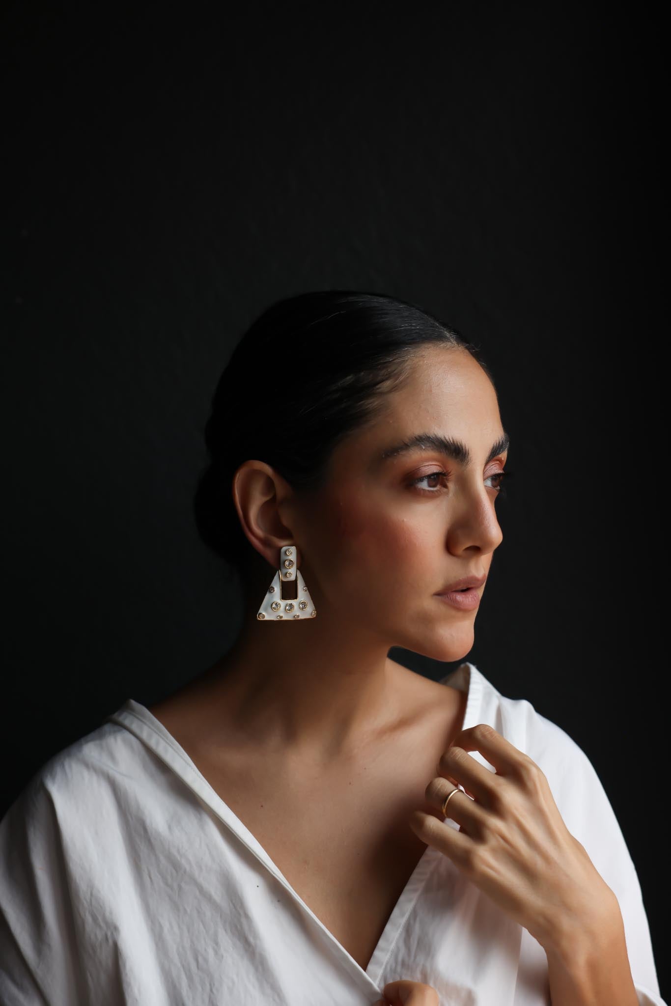 Geometric White Enamel Clip-On Earrings with Rhinestones|Vintage Baazaar 