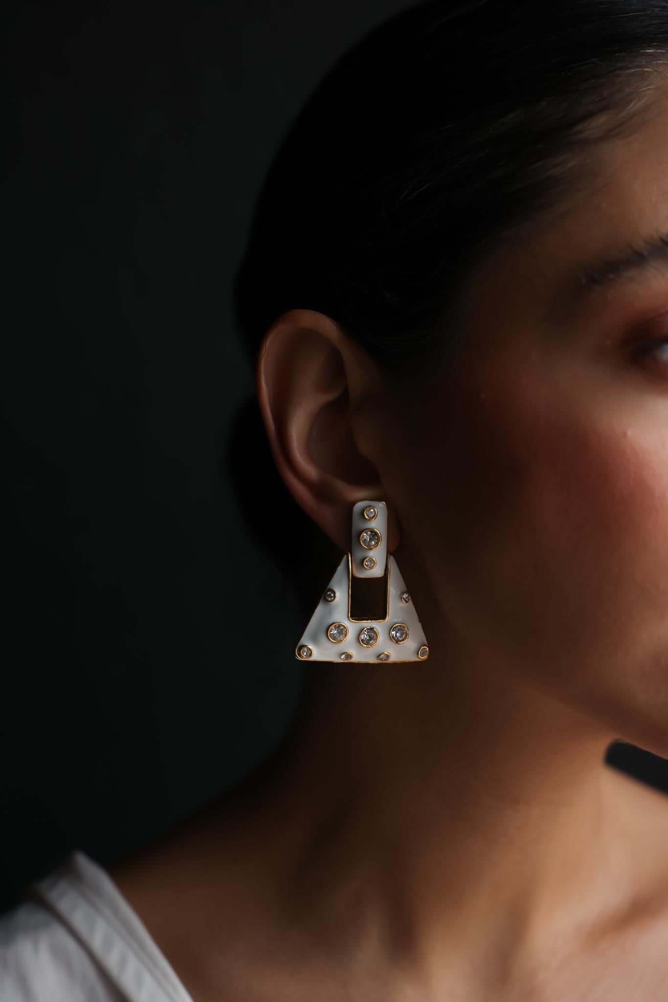 Geometric White Enamel Clip-On Earrings with Rhinestones|Vintage Baazaar 