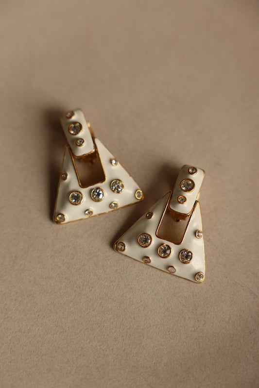 Geometric White Enamel Clip-On Earrings with Rhinestones|Vintage Baazaar 