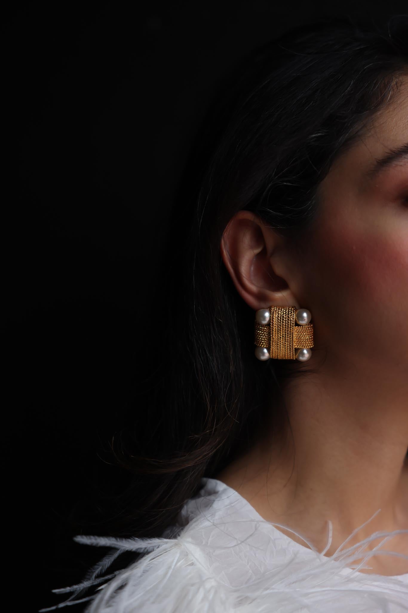 Golden Woven Clip-On Earrings with Faux Pearl Accents|Vintage Baazaar 