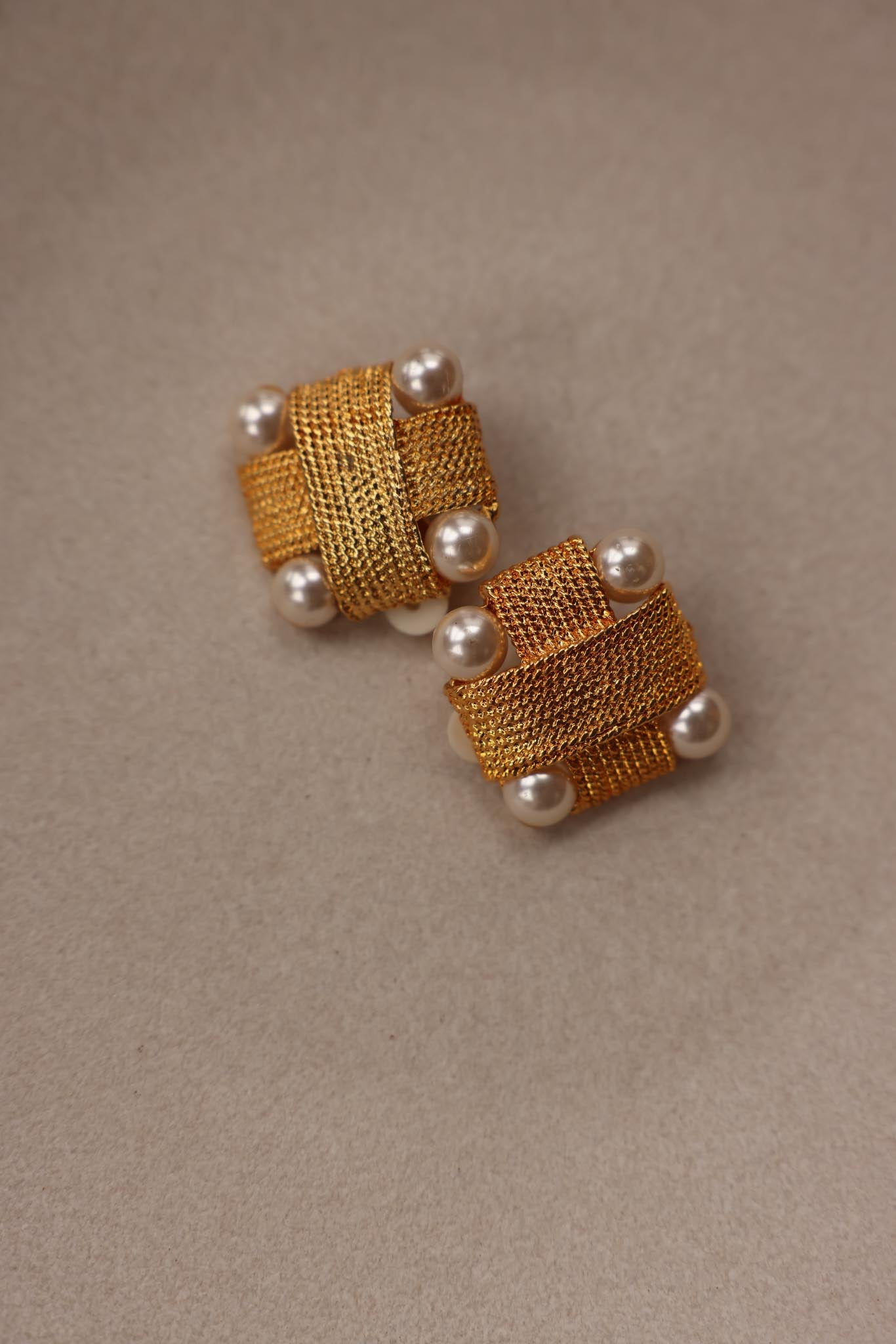 Golden Woven Clip-On Earrings with Faux Pearl Accents|Vintage Baazaar 