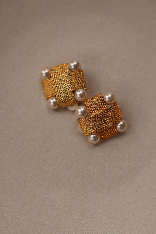 Golden Woven Clip-On Earrings with Faux Pearl Accents|Vintage Baazaar 