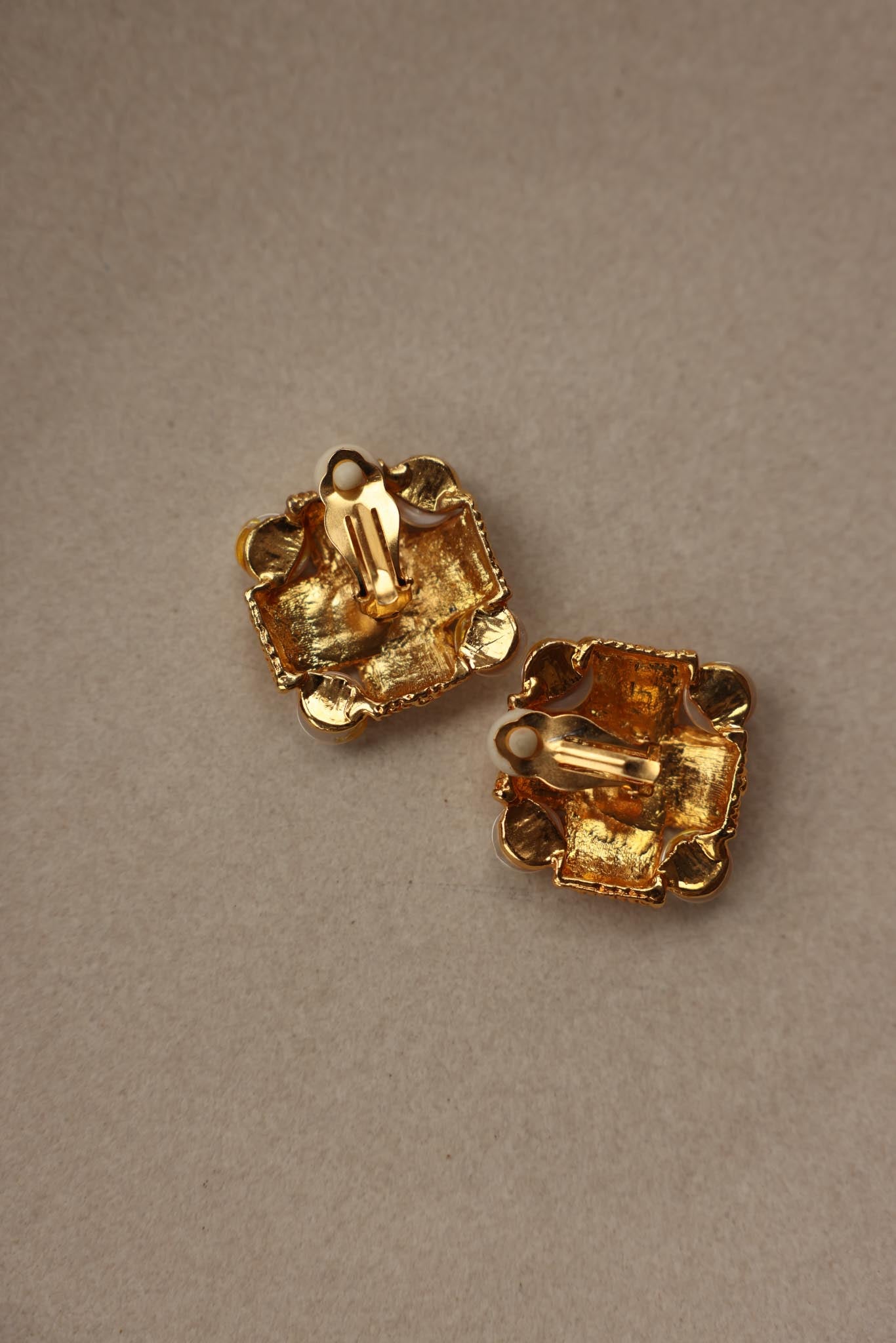 Golden Woven Clip-On Earrings with Faux Pearl Accents|Vintage Baazaar 