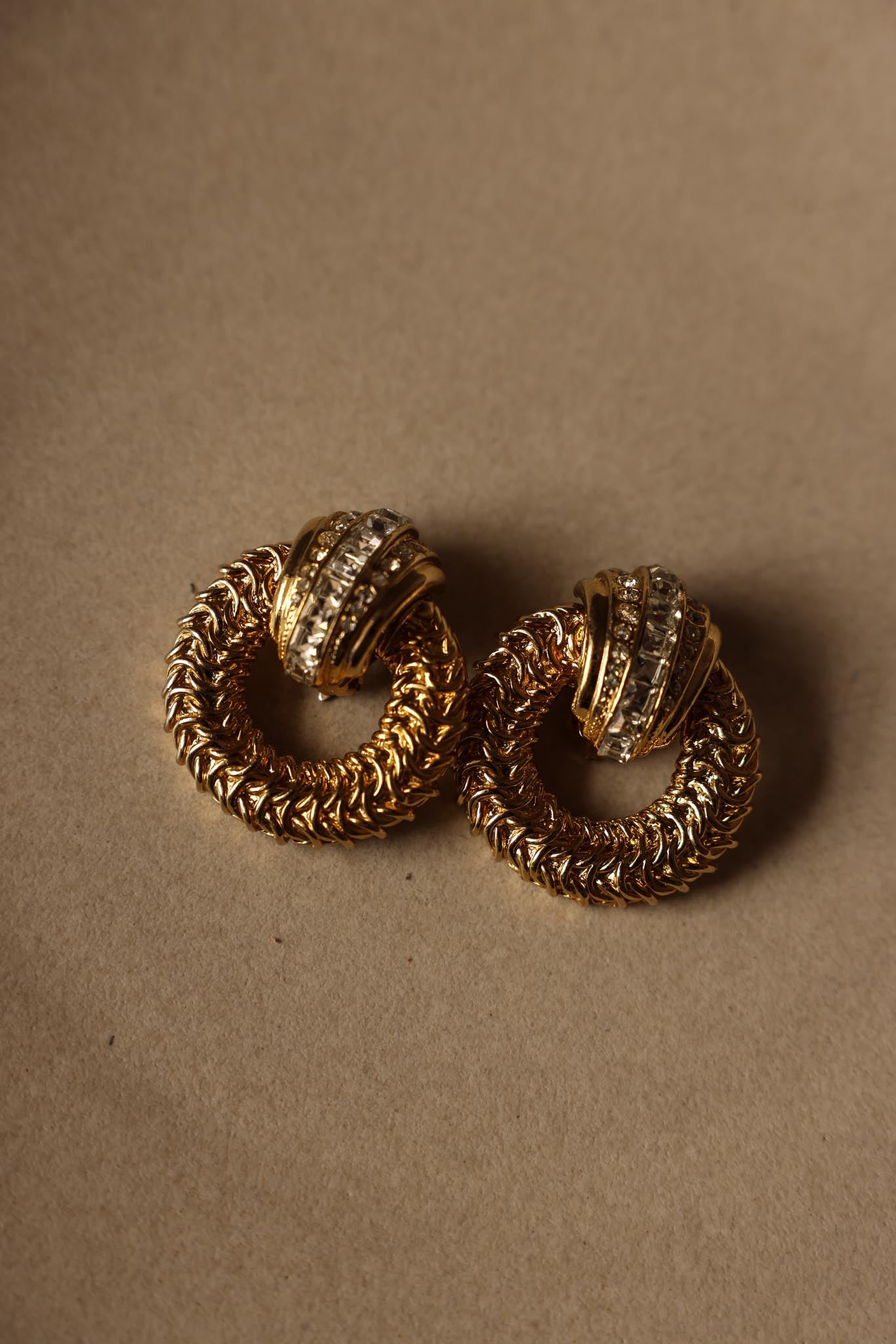 Gold-Tone Rhinestone Hoop Clip-On Earrings|Vintage Baazaar 