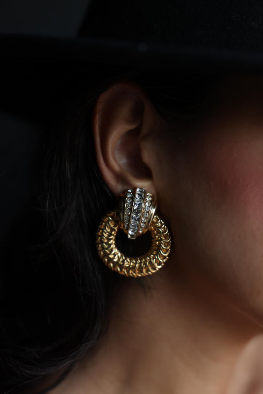 Gold-Tone Rhinestone Hoop Clip-On Earrings|Vintage Baazaar 
