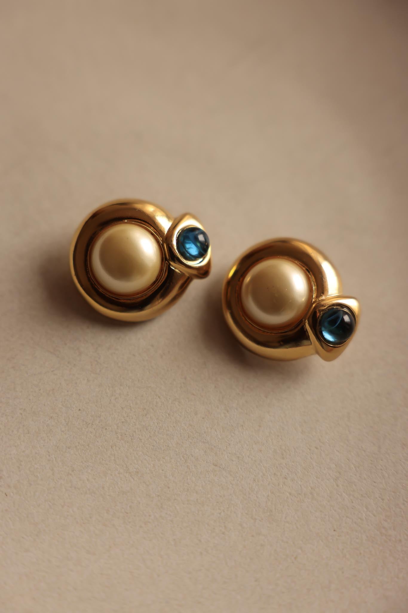 Faux Pearl and Blue Glass Clip-On Earrings|Vintage Baazaar 