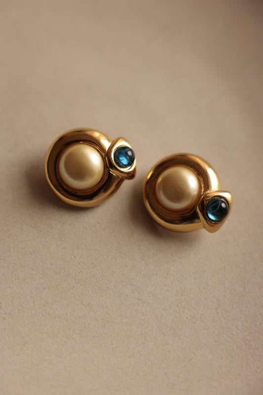 Faux Pearl and Blue Glass Clip-On Earrings|Vintage Baazaar 