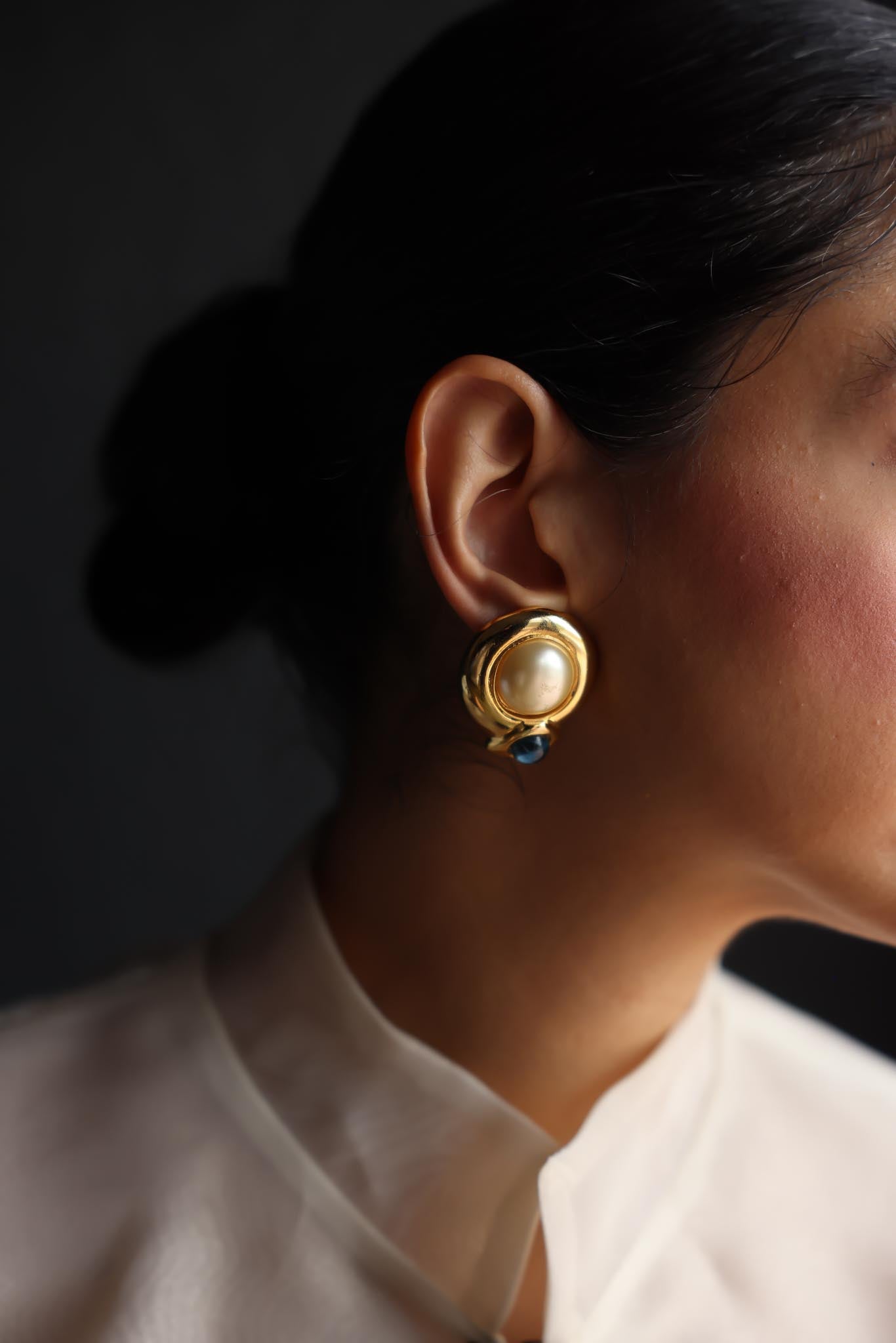 Faux Pearl and Blue Glass Clip-On Earrings|Vintage Baazaar 