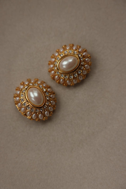 Gold-Tone & Faux Pearl Clip-On Earrings|Vintage Baazaar 