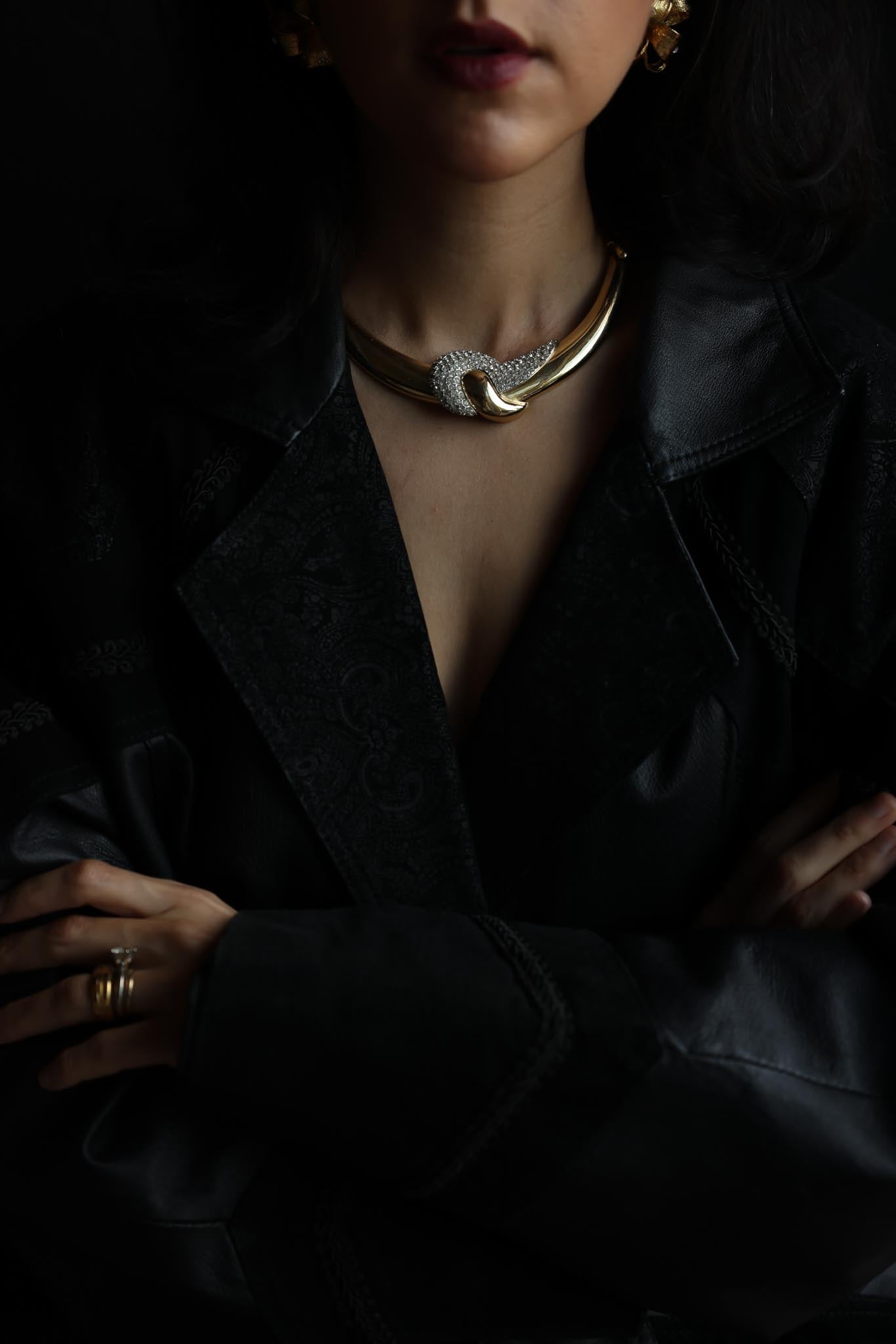 Gold Tone Rhinestone Wave Collar Necklace