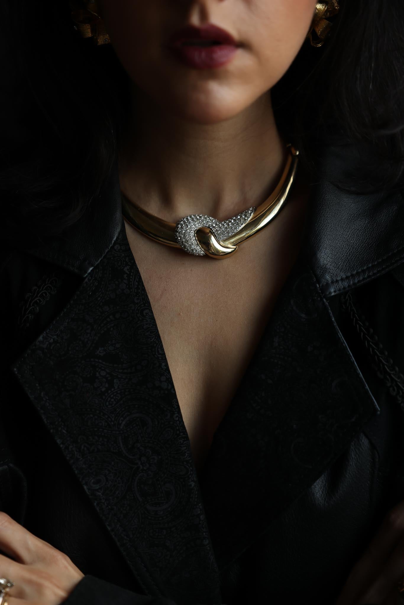 Gold Tone Rhinestone Wave Collar Necklace