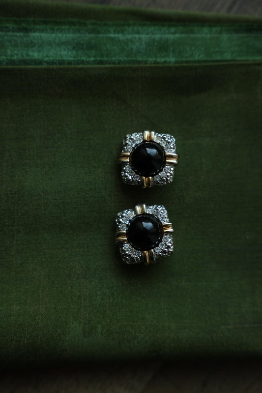Two-Tone Black Cabochon Rhinestone Clip-On Earrings