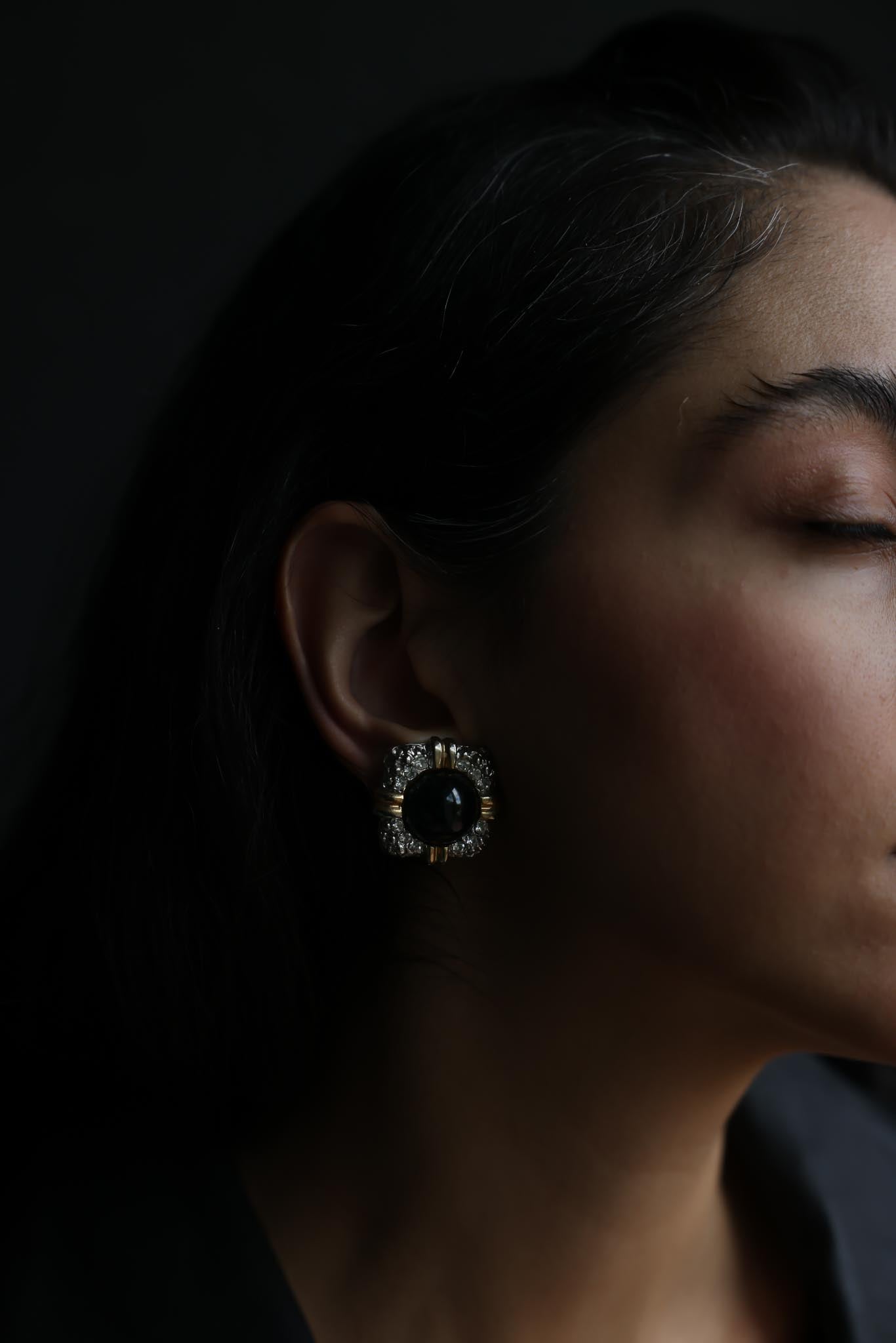 Two-Tone Black Cabochon Rhinestone Clip-On Earrings