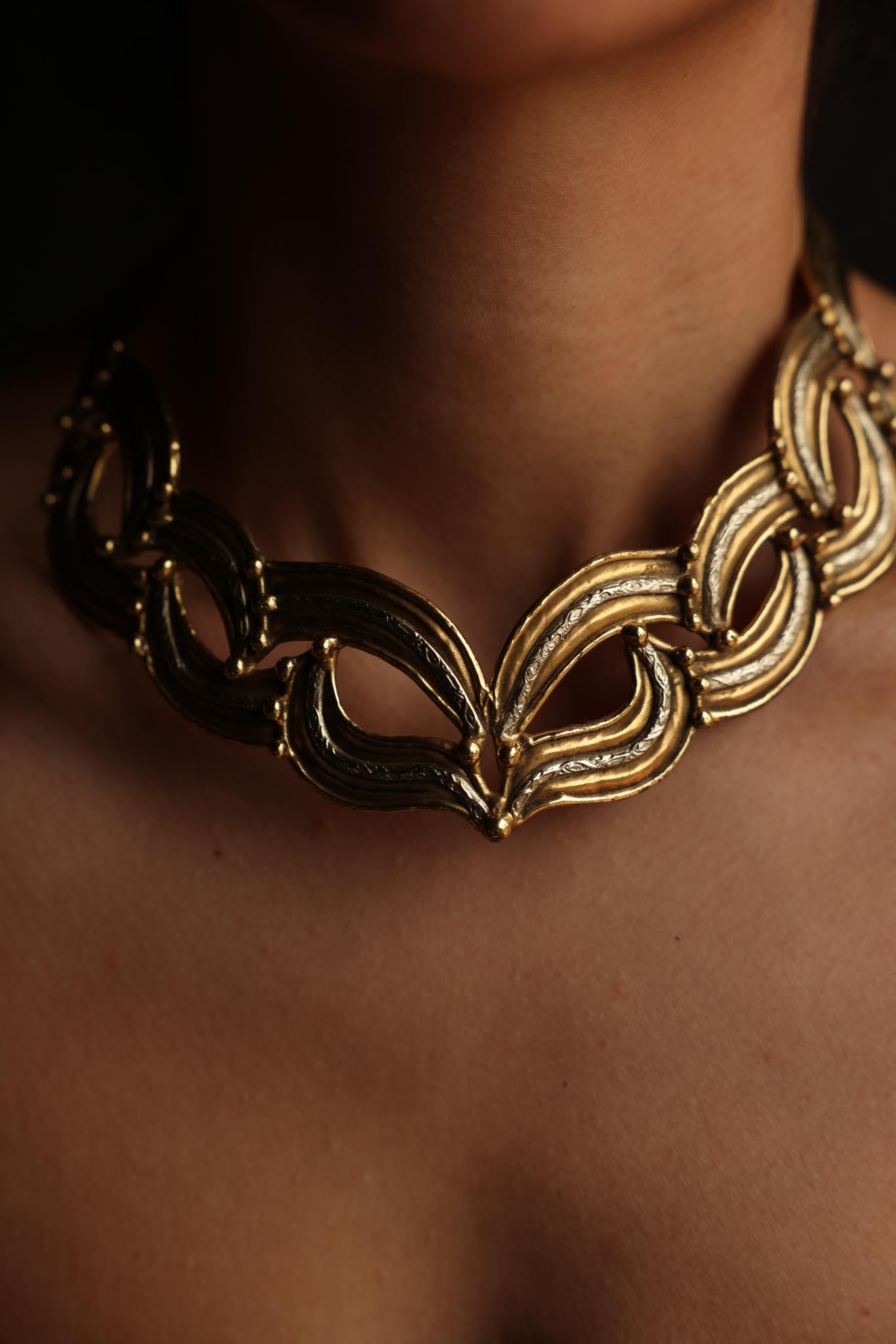 Gold-Tone Collar Necklace with Brass and Silver Accents|Vintage Baazaar 