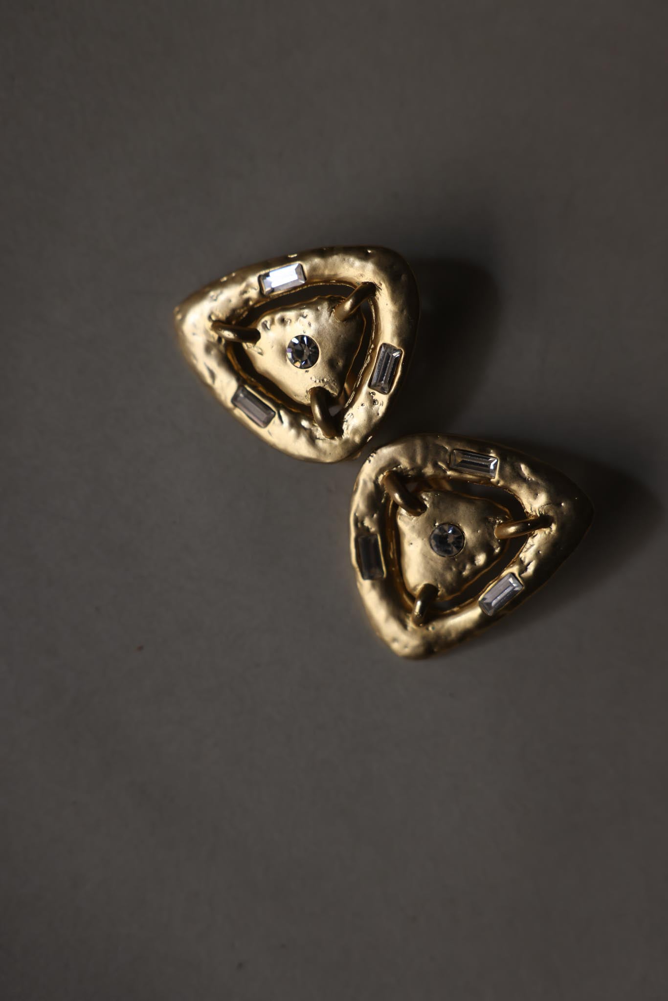 Matte Gold Clear Rhinestone Statement Clip-On Earrings-1980's
