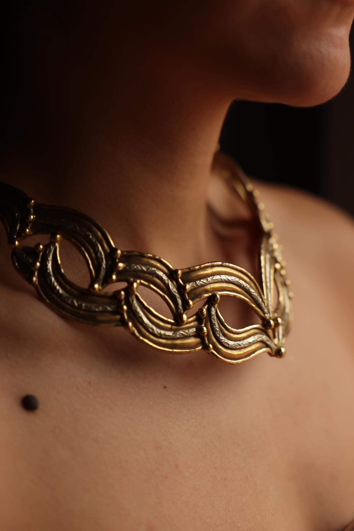 Gold-Tone Collar Necklace with Brass and Silver Accents|Vintage Baazaar 