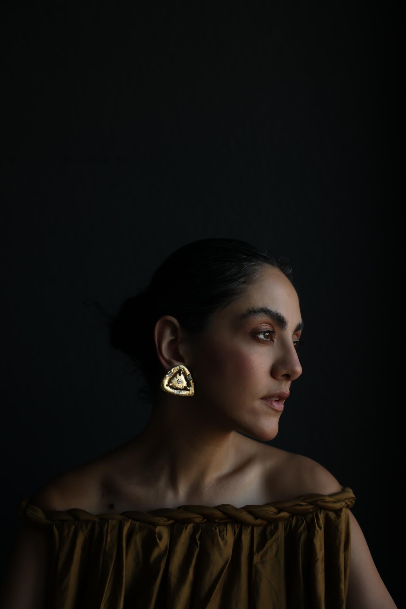 Matte Gold Clear Rhinestone Statement Clip-On Earrings-1980's
