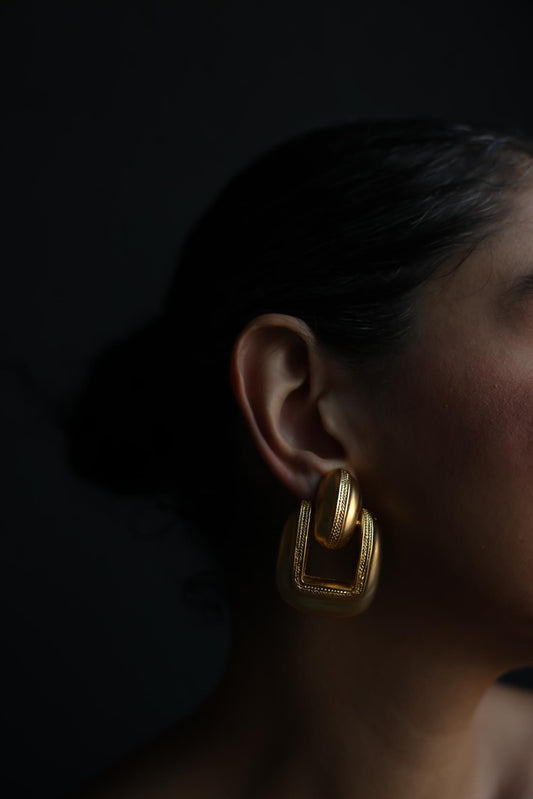 Gold-Plated Brushed Gold Geometric Door Knocker Clip-On Earrings
