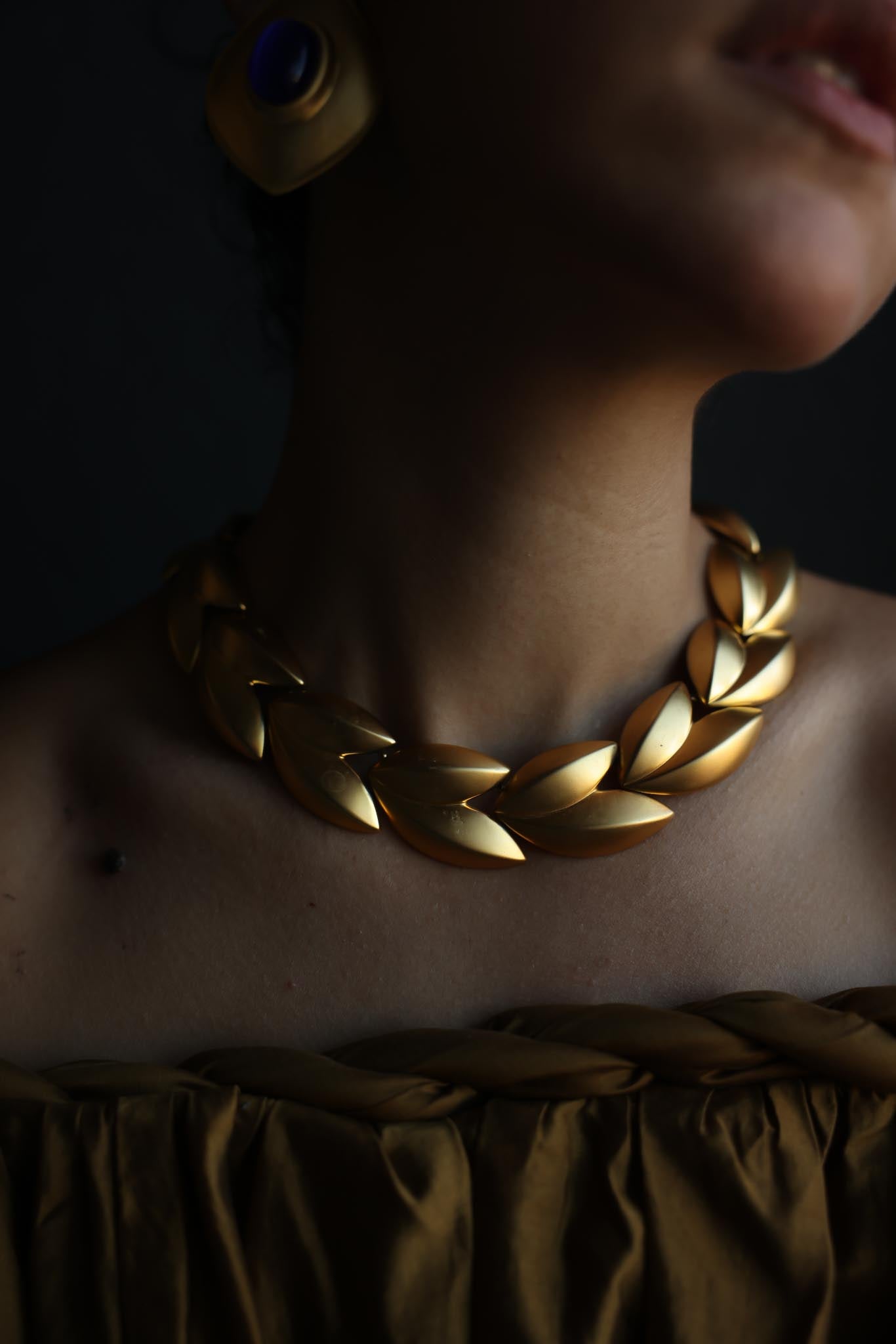 1980s Brushed Gold Leaf Statement Necklace