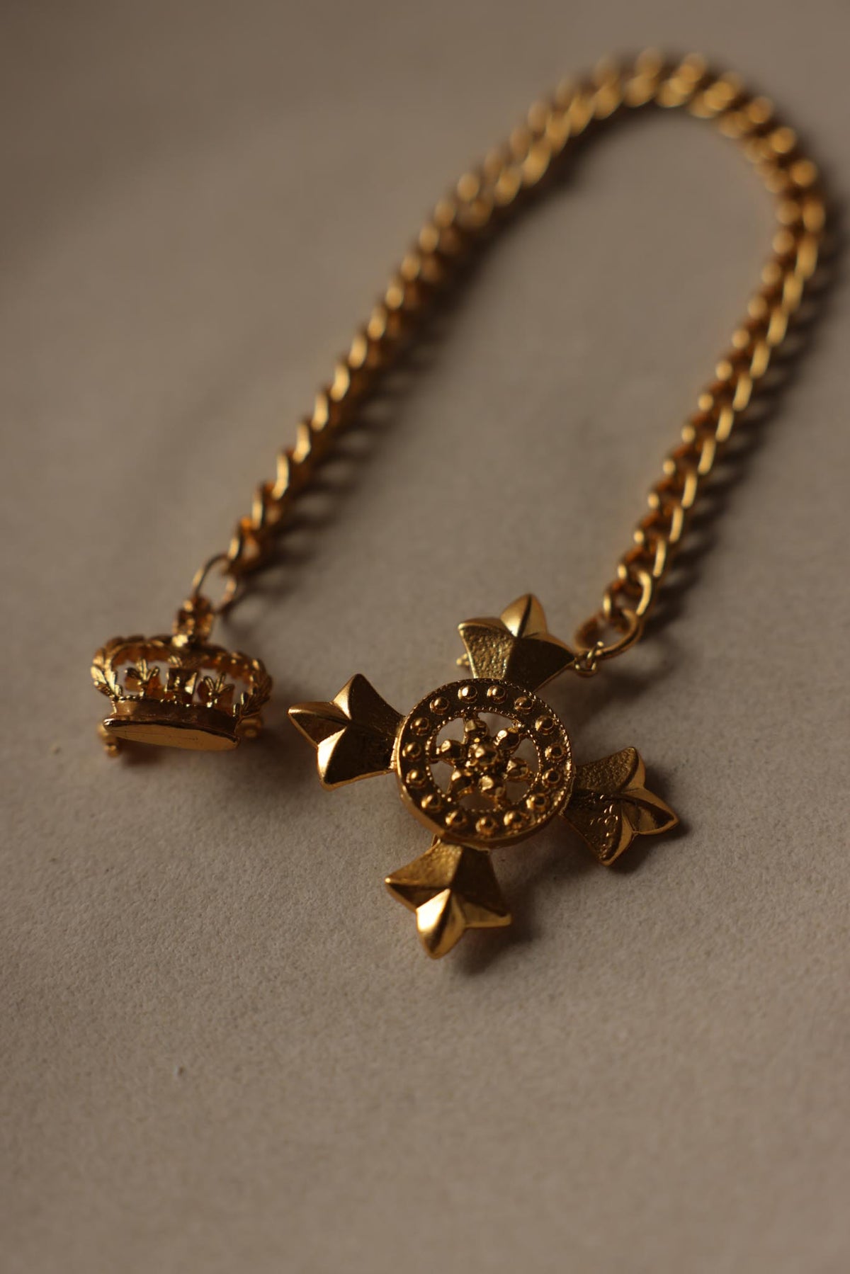 Gold Tone Crown & Cross Double Chain Brooch|Vintage Baazaar 