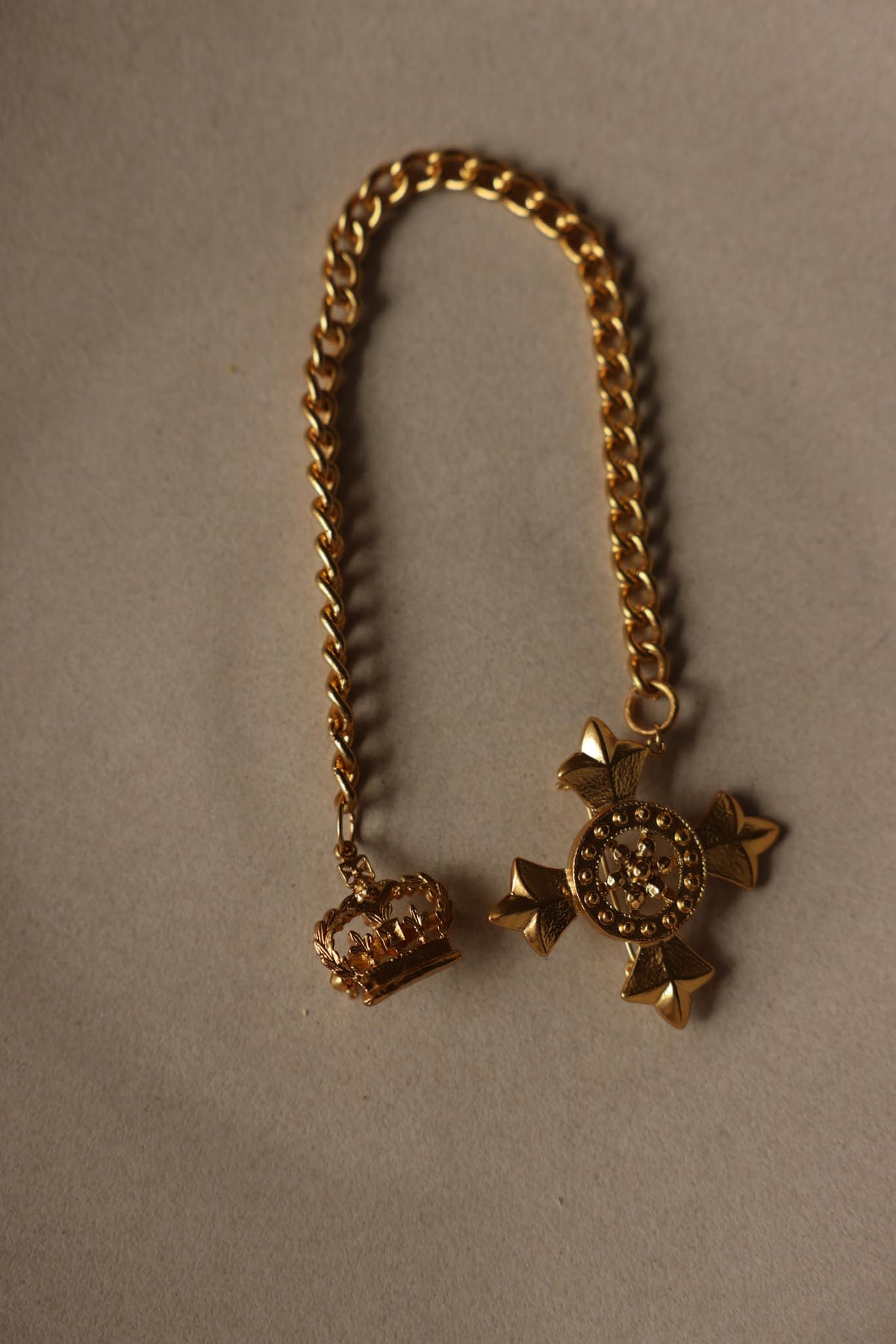 Gold Tone Crown & Cross Double Chain Brooch|Vintage Baazaar 