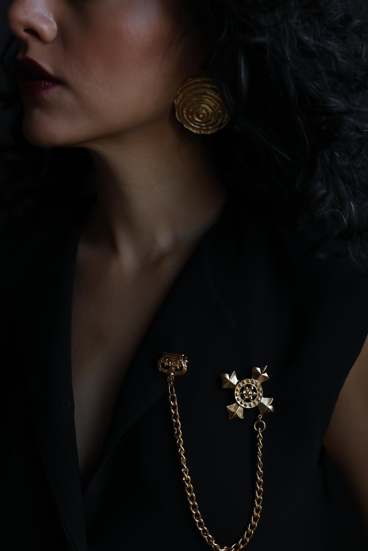 Gold Tone Crown & Cross Double Chain Brooch|Vintage Baazaar 