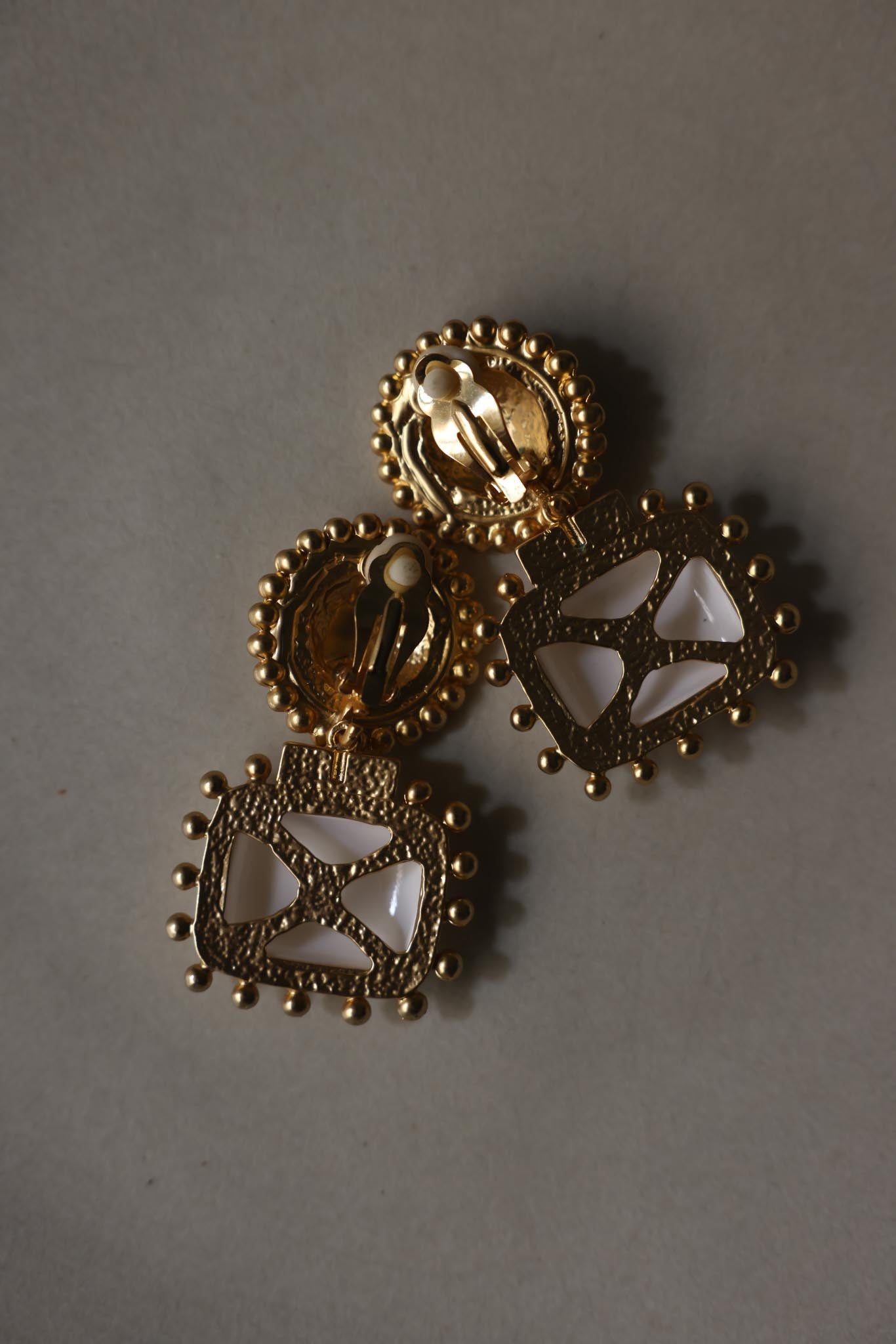 Gold-Tone Moon Face White Cabochon Clip-On Earrings|Vintage Baazaar 