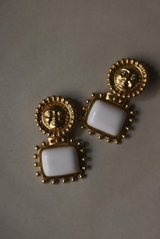 Gold-Tone Moon Face White Cabochon Clip-On Earrings|Vintage Baazaar 
