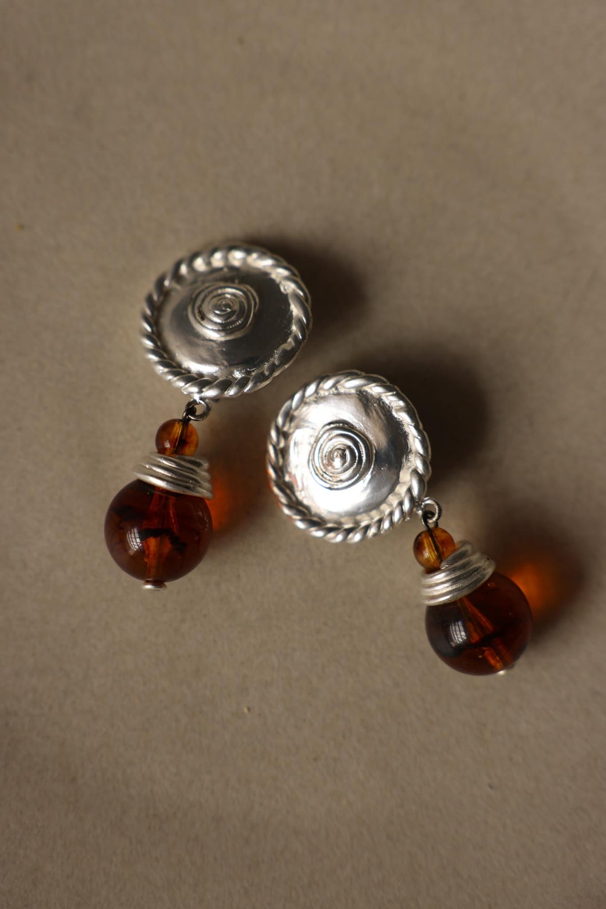 Silvertone Round Swirl & Amber Bead Drop Clip-On Earrings|Vintage Baazaar 