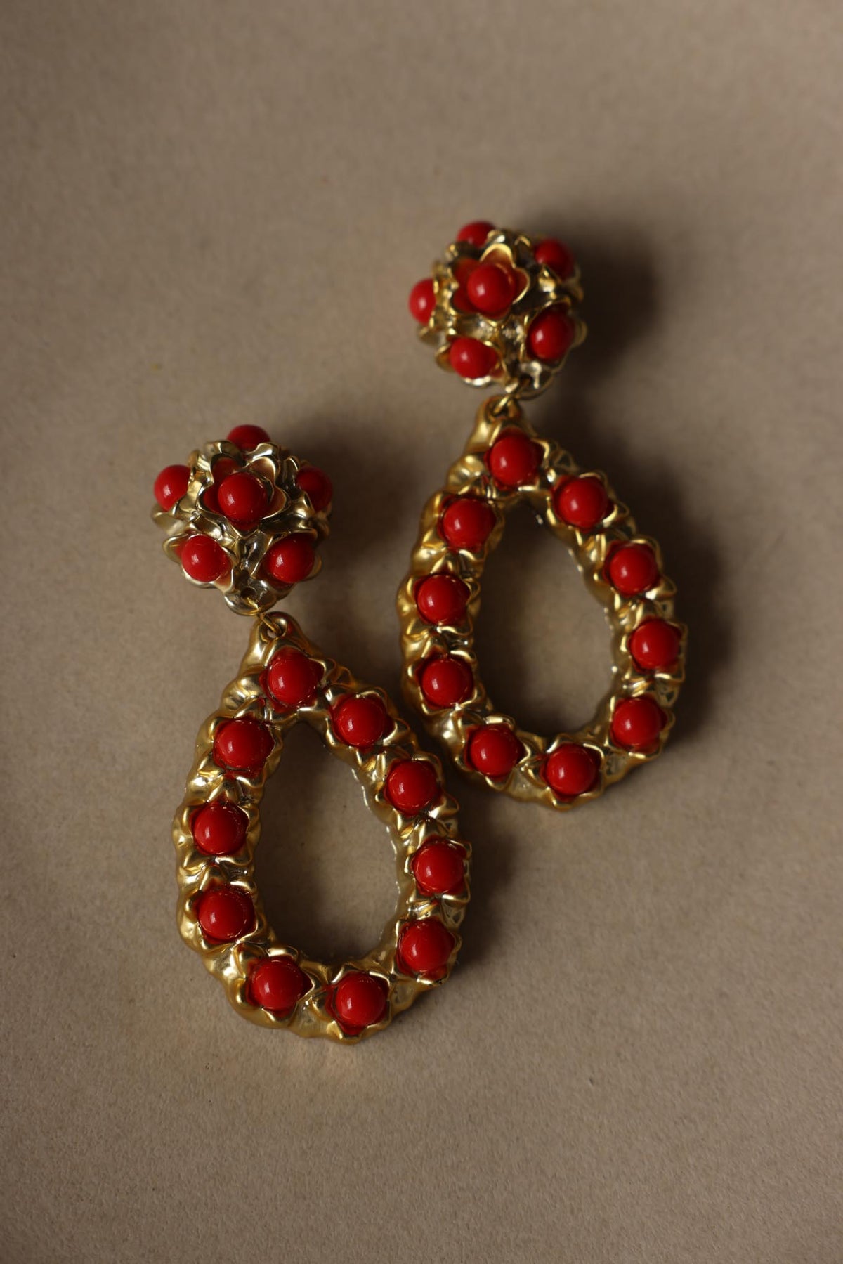 Oversized Gold Tone Red Cabochon Teardrop Clip-On Earrings|Vintage Baazaar 