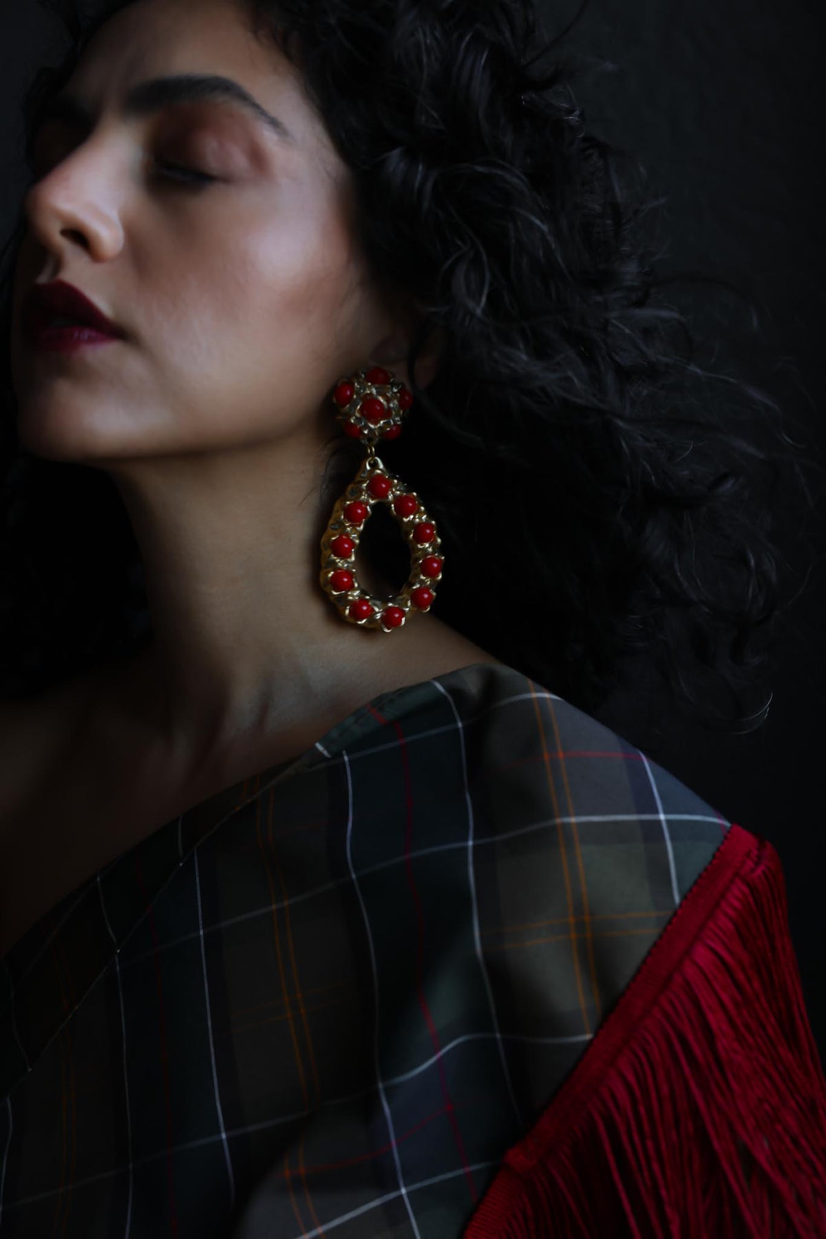 Oversized Gold Tone Red Cabochon Teardrop Clip-On Earrings|Vintage Baazaar 